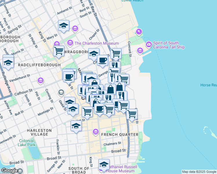 map of restaurants, bars, coffee shops, grocery stores, and more near 30 Wentworth Street in Charleston