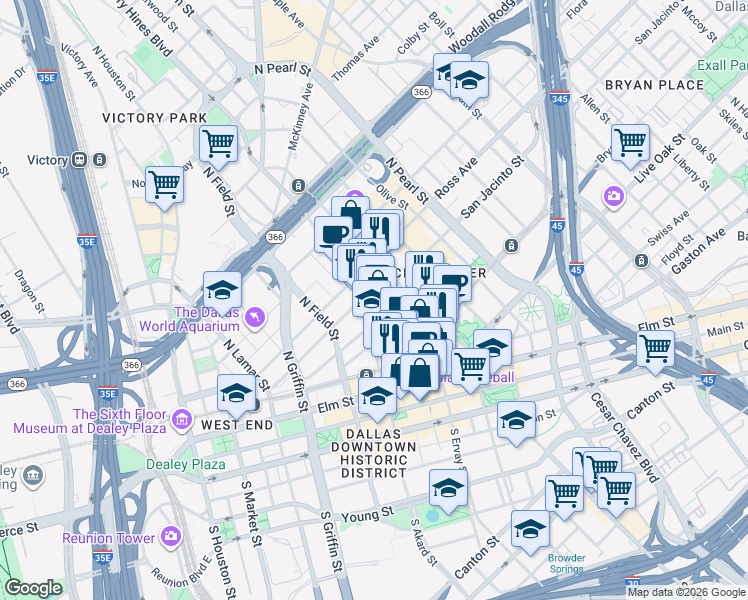 map of restaurants, bars, coffee shops, grocery stores, and more near 1610 Patterson Street in Dallas