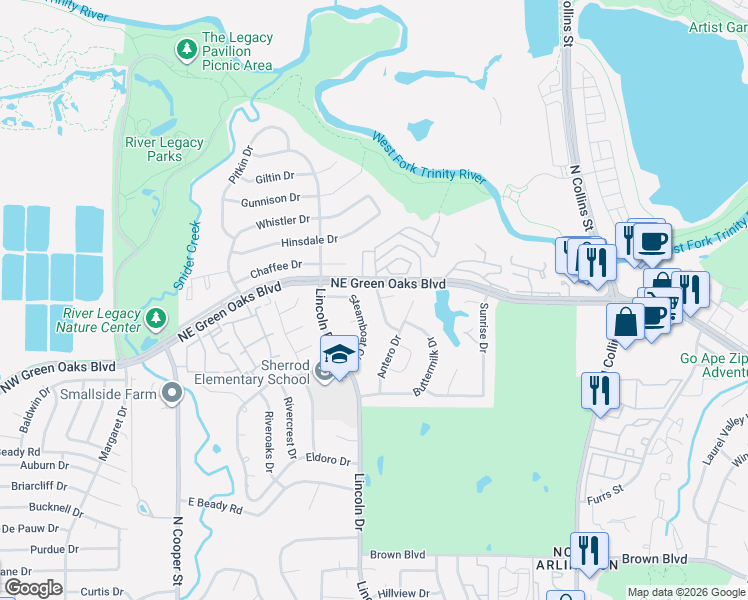map of restaurants, bars, coffee shops, grocery stores, and more near 2702 Monarch Drive in Arlington