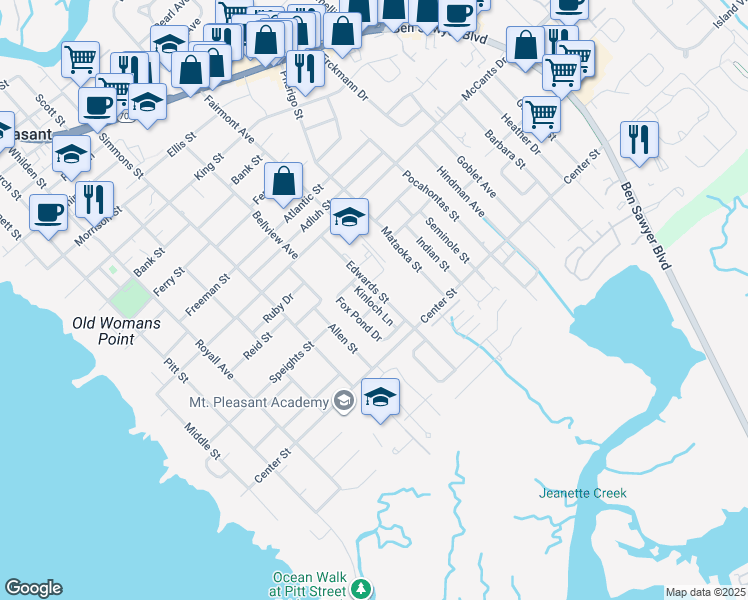 map of restaurants, bars, coffee shops, grocery stores, and more near 672 Poaug Lane in Mount Pleasant