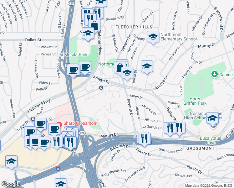 map of restaurants, bars, coffee shops, grocery stores, and more near 9175 Campina Drive in La Mesa