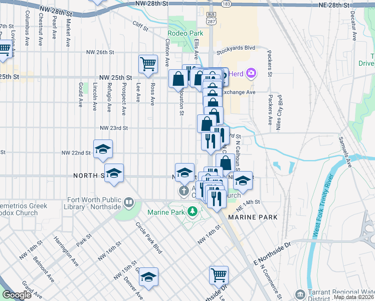map of restaurants, bars, coffee shops, grocery stores, and more near 2118 North Houston Street in Fort Worth