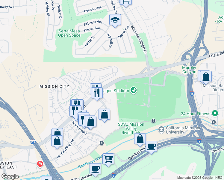 map of restaurants, bars, coffee shops, grocery stores, and more near 2385 Northside Drive in San Diego