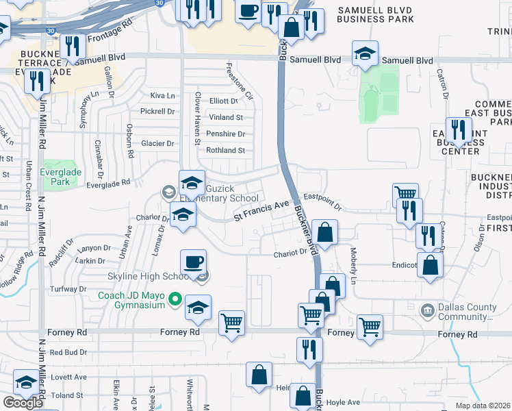 map of restaurants, bars, coffee shops, grocery stores, and more near 4748 Saint Francis Avenue in Dallas