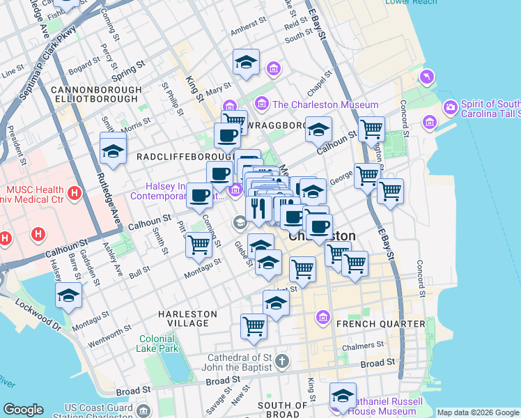 map of restaurants, bars, coffee shops, grocery stores, and more near 343 King Street in Charleston