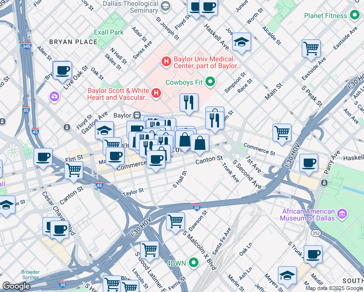map of restaurants, bars, coffee shops, grocery stores, and more near 3124 Commerce Street in Dallas