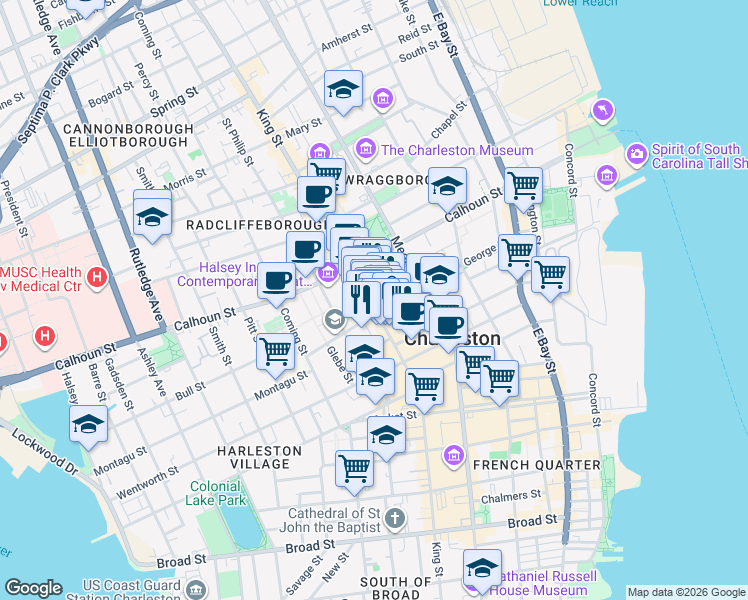 map of restaurants, bars, coffee shops, grocery stores, and more near 318 King Street in Charleston