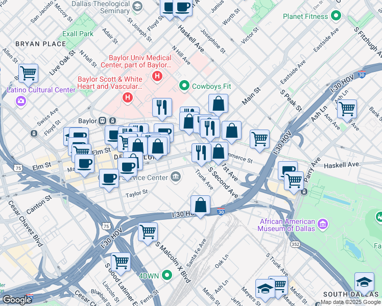map of restaurants, bars, coffee shops, grocery stores, and more near 3401 Commerce Street in Dallas