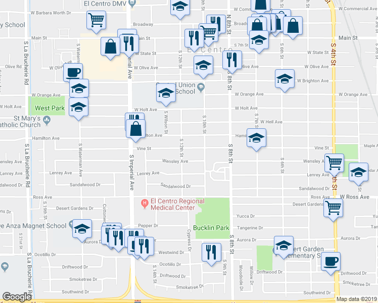 map of restaurants, bars, coffee shops, grocery stores, and more near 1061 Vine Street in El Centro