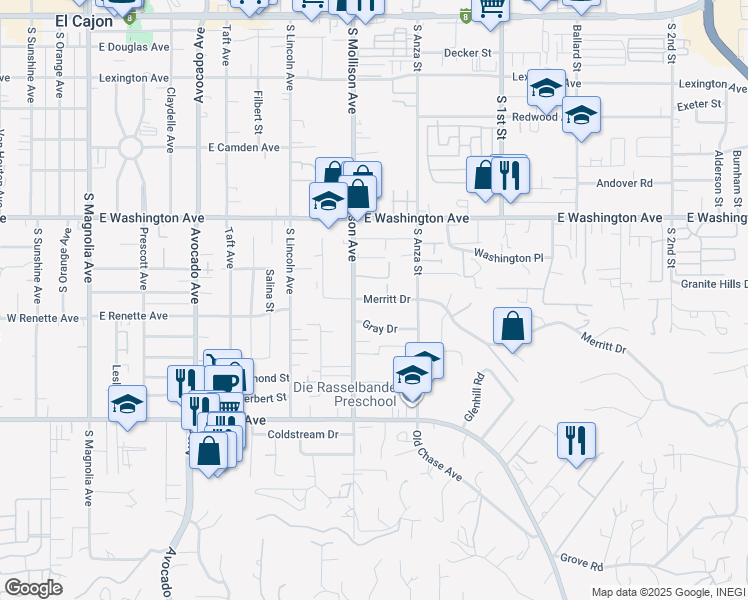 map of restaurants, bars, coffee shops, grocery stores, and more near 887 South Mollison Avenue in El Cajon