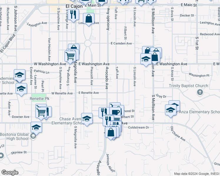 map of restaurants, bars, coffee shops, grocery stores, and more near 399 East Renette Avenue in El Cajon