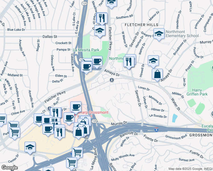 map of restaurants, bars, coffee shops, grocery stores, and more near 9055 Campina Drive in La Mesa