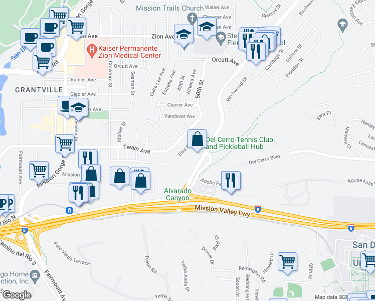 map of restaurants, bars, coffee shops, grocery stores, and more near 4935 Elsa Road in San Diego