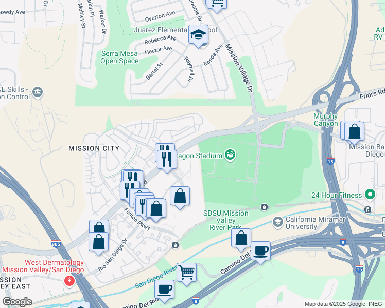 map of restaurants, bars, coffee shops, grocery stores, and more near 2365 Northside Drive in San Diego