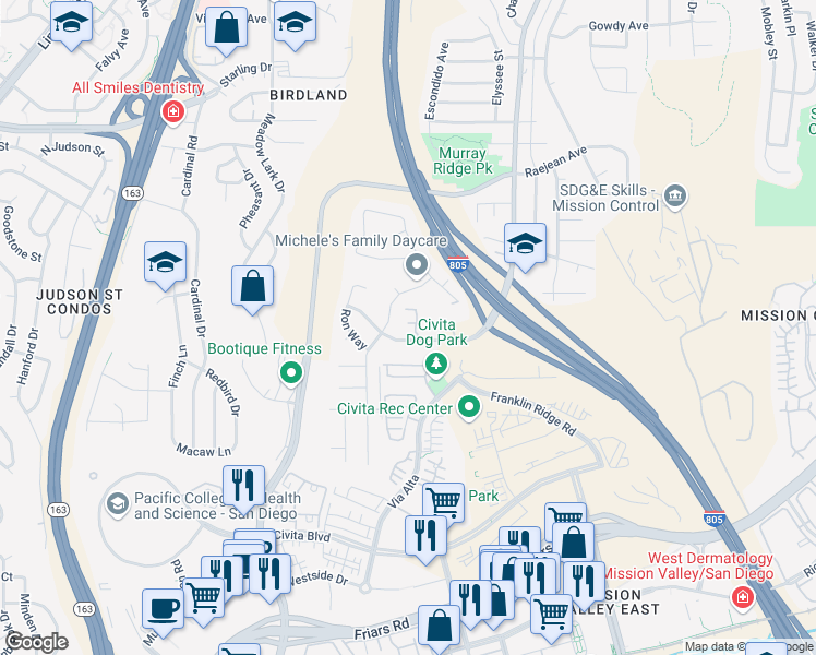 map of restaurants, bars, coffee shops, grocery stores, and more near 8355 Phyllis Place in San Diego