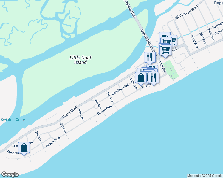 map of restaurants, bars, coffee shops, grocery stores, and more near 808 Carolina Boulevard in Isle of Palms