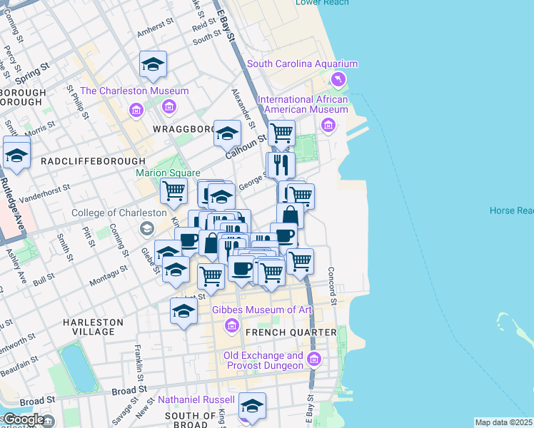 map of restaurants, bars, coffee shops, grocery stores, and more near 30 Wentworth Street in Charleston