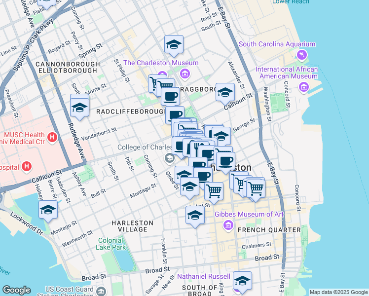 map of restaurants, bars, coffee shops, grocery stores, and more near 318 King Street in Charleston