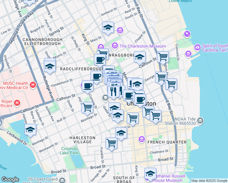 map of restaurants, bars, coffee shops, grocery stores, and more near 30 Saint Philip Street in Charleston