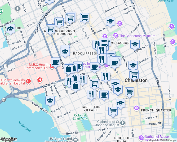 map of restaurants, bars, coffee shops, grocery stores, and more near 57 Pitt Street in Charleston