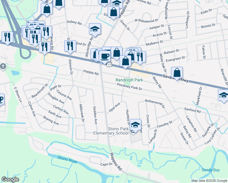 map of restaurants, bars, coffee shops, grocery stores, and more near 421 Oak Street in Charleston