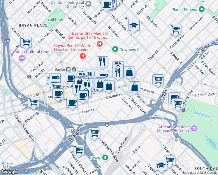 map of restaurants, bars, coffee shops, grocery stores, and more near 3208 Commerce Street in Dallas