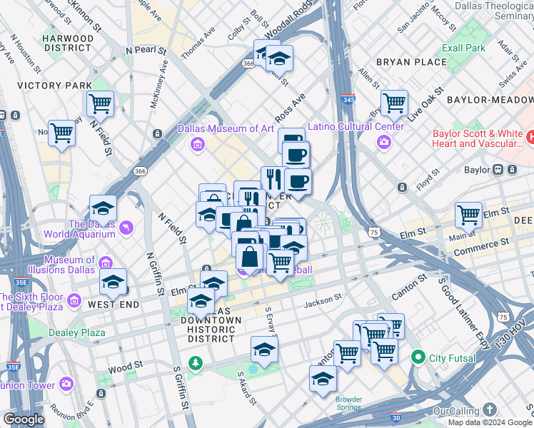 map of restaurants, bars, coffee shops, grocery stores, and more near 405 North Harwood Street in Dallas