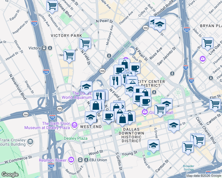 map of restaurants, bars, coffee shops, grocery stores, and more near 1445 Ross Avenue in Dallas