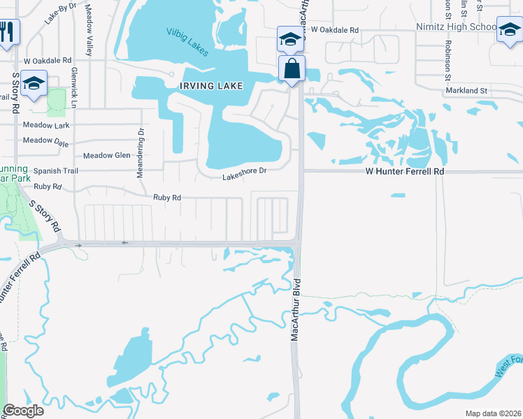 map of restaurants, bars, coffee shops, grocery stores, and more near 2805 Bridge Lake Drive in Irving