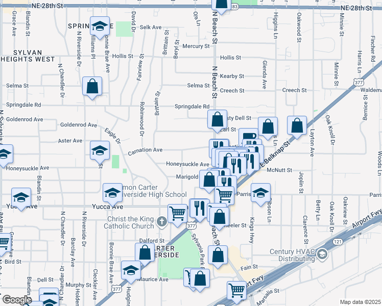 map of restaurants, bars, coffee shops, grocery stores, and more near 3755 Honeysuckle Avenue in Fort Worth