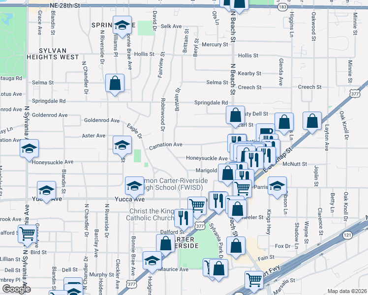 map of restaurants, bars, coffee shops, grocery stores, and more near 3721 Honeysuckle Avenue in Fort Worth