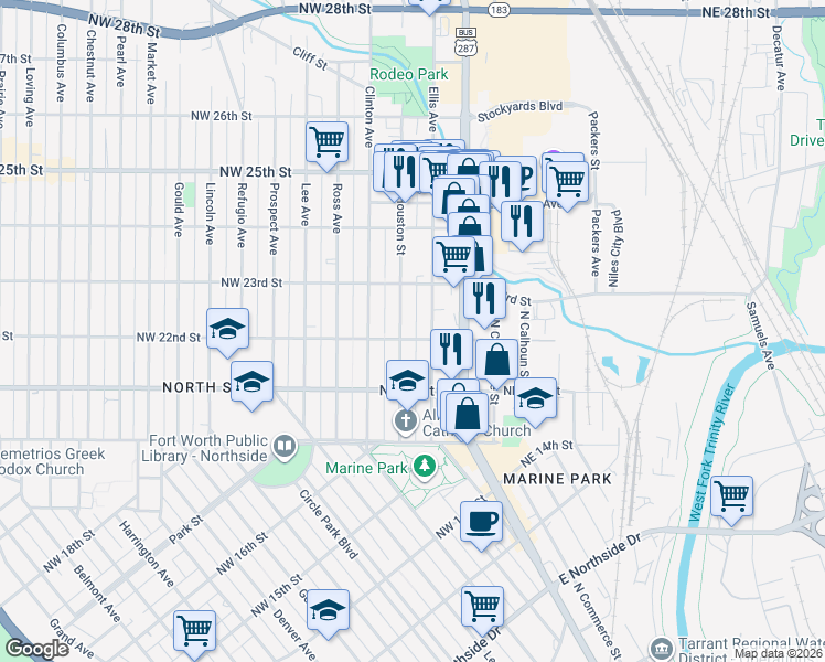 map of restaurants, bars, coffee shops, grocery stores, and more near 2118 North Houston Street in Fort Worth