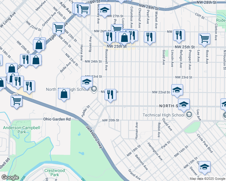 map of restaurants, bars, coffee shops, grocery stores, and more near 2114 Roosevelt Avenue in Fort Worth