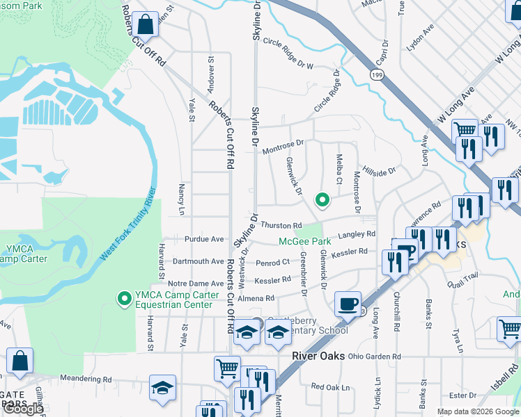 map of restaurants, bars, coffee shops, grocery stores, and more near 5145 Southbrook Drive in Fort Worth