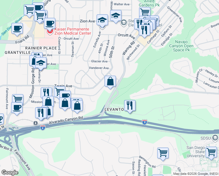 map of restaurants, bars, coffee shops, grocery stores, and more near 4964 Waring Road in San Diego