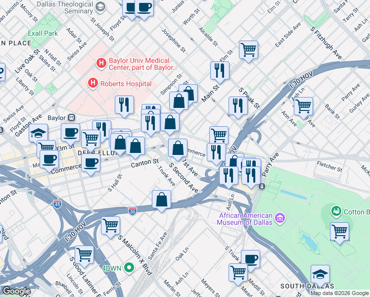 map of restaurants, bars, coffee shops, grocery stores, and more near 2806 East Side Avenue in Dallas