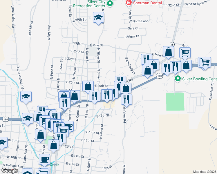 map of restaurants, bars, coffee shops, grocery stores, and more near 809 East 19th Street in Silver City
