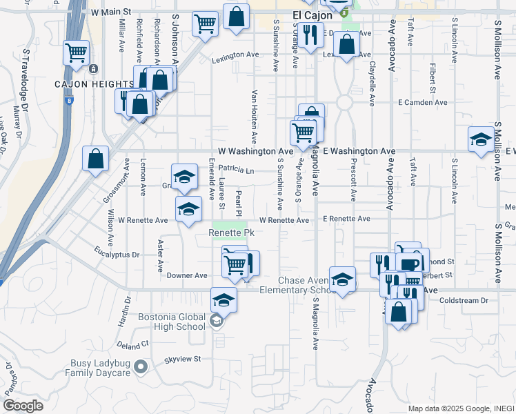 map of restaurants, bars, coffee shops, grocery stores, and more near 863 Lura Avenue in El Cajon