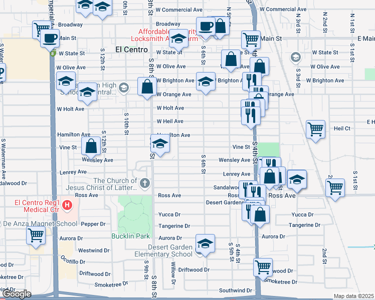 map of restaurants, bars, coffee shops, grocery stores, and more near 657 Vine Street in El Centro
