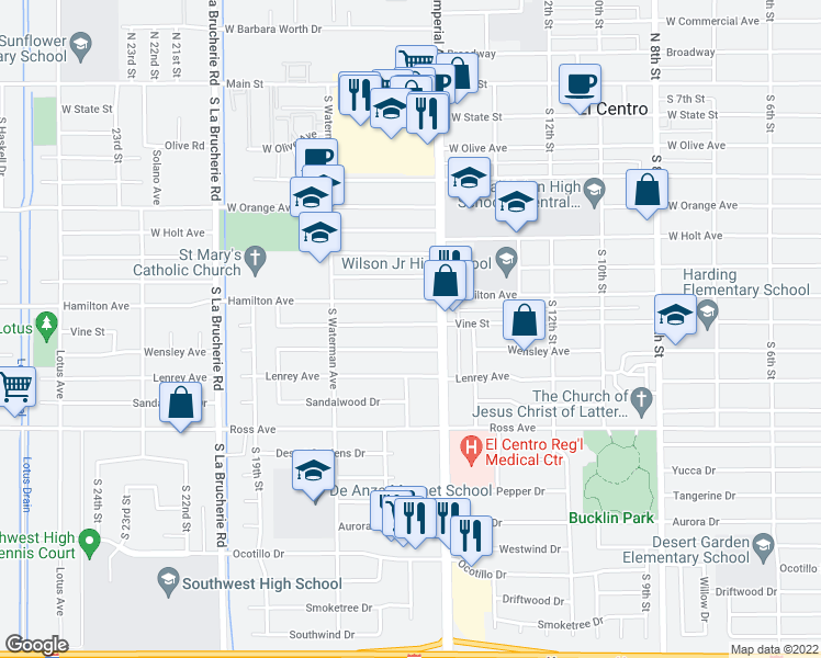 map of restaurants, bars, coffee shops, grocery stores, and more near 1521 Vine Street in El Centro