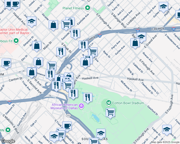 map of restaurants, bars, coffee shops, grocery stores, and more near 936 S Haskell Ave in Dallas