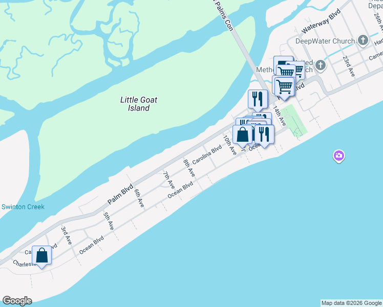 map of restaurants, bars, coffee shops, grocery stores, and more near 815 Palm Boulevard in Isle of Palms
