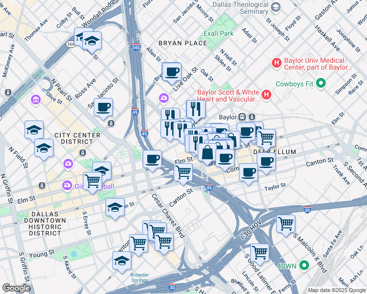 map of restaurants, bars, coffee shops, grocery stores, and more near 2550 Pacific Avenue in Dallas