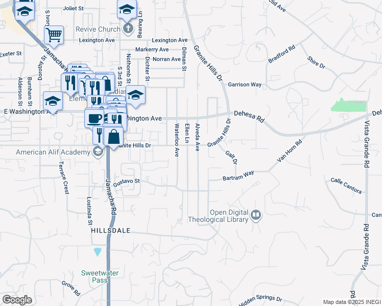 map of restaurants, bars, coffee shops, grocery stores, and more near 1612 Granite Hills Drive in El Cajon
