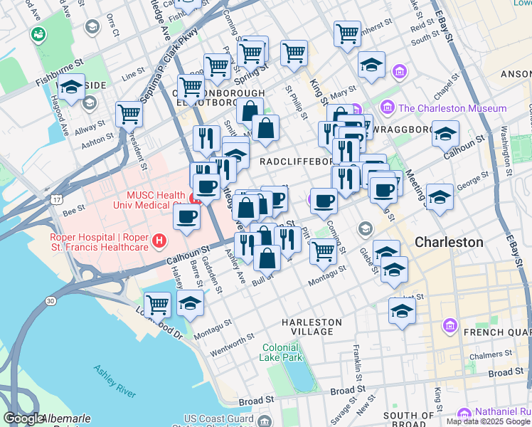 map of restaurants, bars, coffee shops, grocery stores, and more near 6 Murphy Court in Charleston