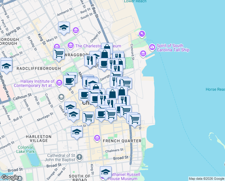 map of restaurants, bars, coffee shops, grocery stores, and more near 314 East Bay Street in Charleston