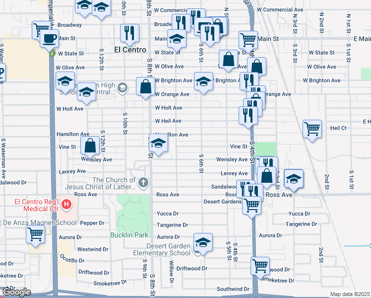 map of restaurants, bars, coffee shops, grocery stores, and more near 657 Vine Street in El Centro