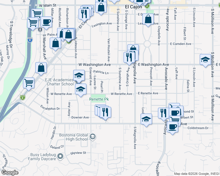 map of restaurants, bars, coffee shops, grocery stores, and more near 863 Lura Avenue in El Cajon
