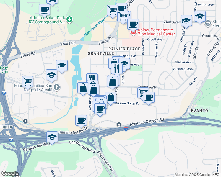 map of restaurants, bars, coffee shops, grocery stores, and more near 4440 Twain Avenue in San Diego