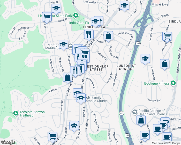 map of restaurants, bars, coffee shops, grocery stores, and more near 2249 Ulric Street in San Diego